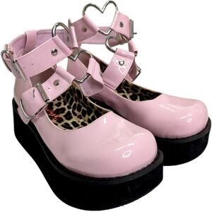 Demonia Sprite O2 Baby Pink Patent Platform Mary Jane 6 Heart Strap Lolita Goth